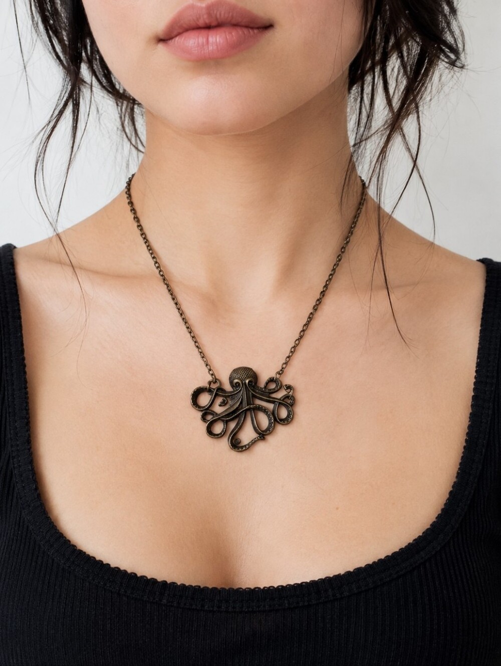 Antique Bronze Octopus Pendant Necklace | Whimsical Nautical Alt Jewelry